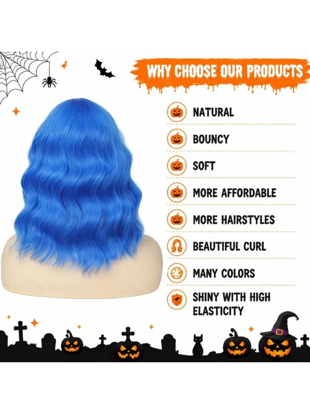 Women's Blue 14 Inch Heat Resistant Short Wavy Hair Pastel Bob Wig Bangs